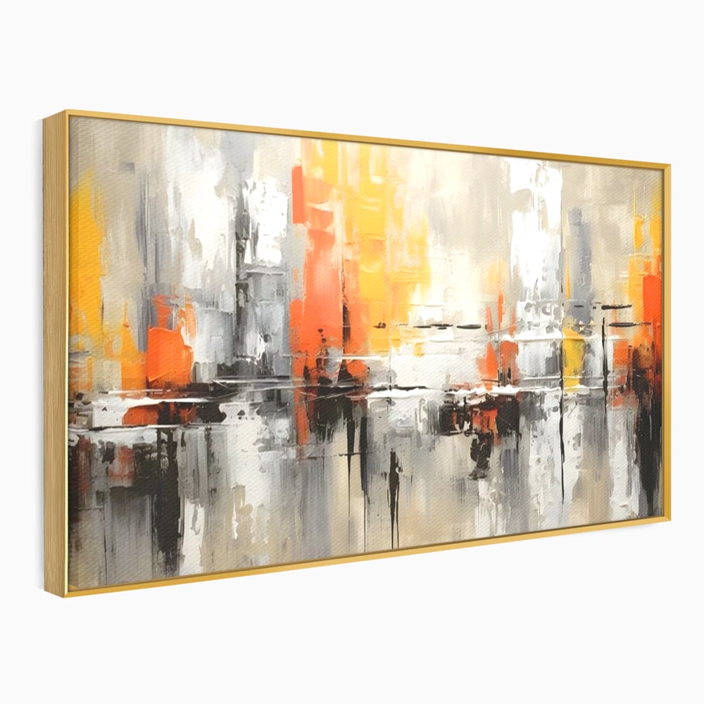 Tablou canvas cu pictura abstracta cu turnuri portocalii, in rama de aluminiu auriu
